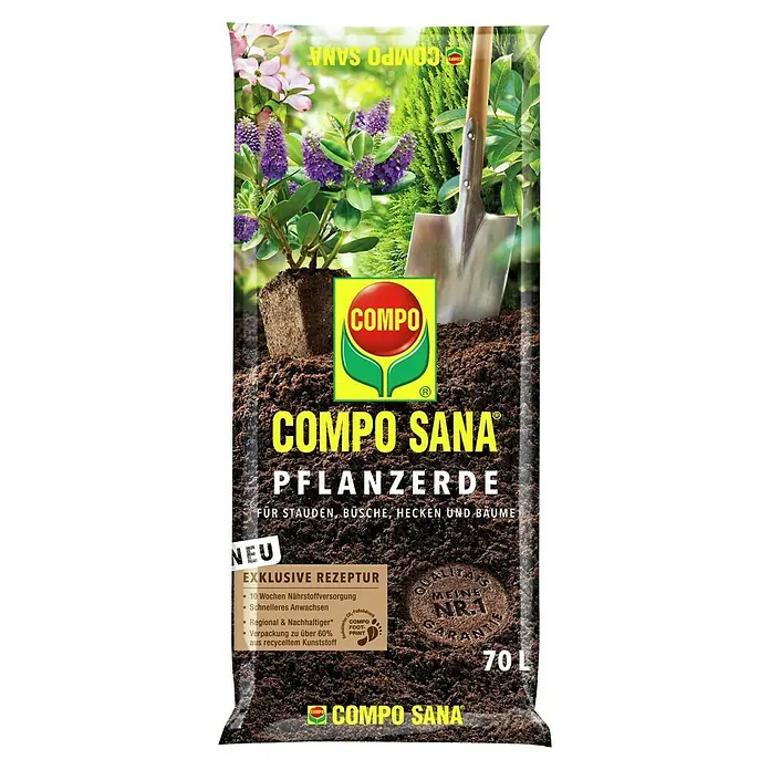 Compo Sana Blumenerde für Stauden, Büsche, Hecken und Bäume - 70 l - Compo Sana Pflanzerde für Stauden, Büsche, Hecken und Bäume. Exklusive Rezeptur, 70 Liter Packung.