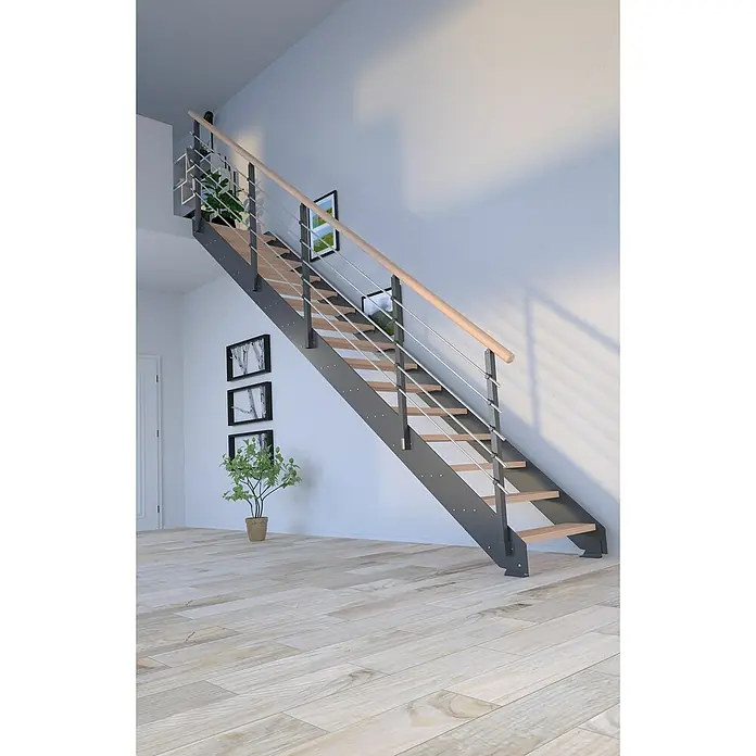 Starwood Wangentreppe KosFarbton Metall: DB 703, Breite: 87 cm, Buche, Geschosshöhe: 260 cm - 320 cm, Gerade, Metallgeländer pulverbeschichtet, Stufen unbehandelt - Moderne Treppe mit Holzstufen, Edelstahlgeländer und grauen Wangen. Ein Blickfang für jeden Raum, der Funktionalität und Design vereint.