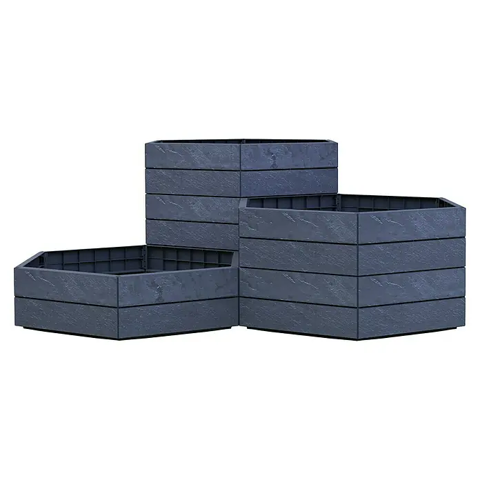 Garantia Hochbeet Ergo Vario 1 Stone - 190 x 190 x 50 cm, Kunststoff, Anthrazit - Ein dreistufiger Gartenbeet-Pflanzkasten aus grauem Kunststoff in Hexagon-Form. Ideal für Gemüse, Kräuter und Blumen im Garten.