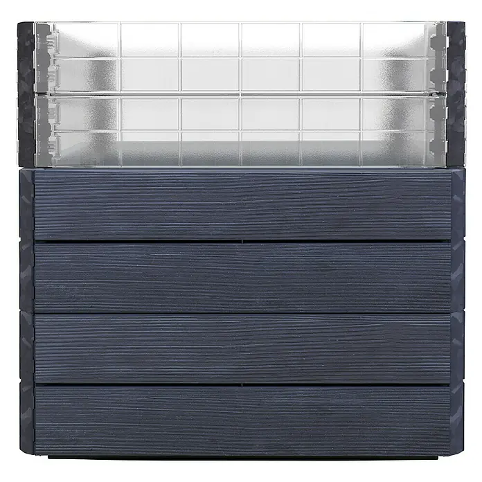 Garantia Hochbeet Ergo Quadro Turbo L Wood - Set - 80 x 80 x 75 cm, Kunststoff, Anthrazit/Braun - Nahaufnahme eines grauen Hochbeets mit transparenter Abdeckung, ideal für den Garten. Praktisch und stilvoll für Pflanzen.