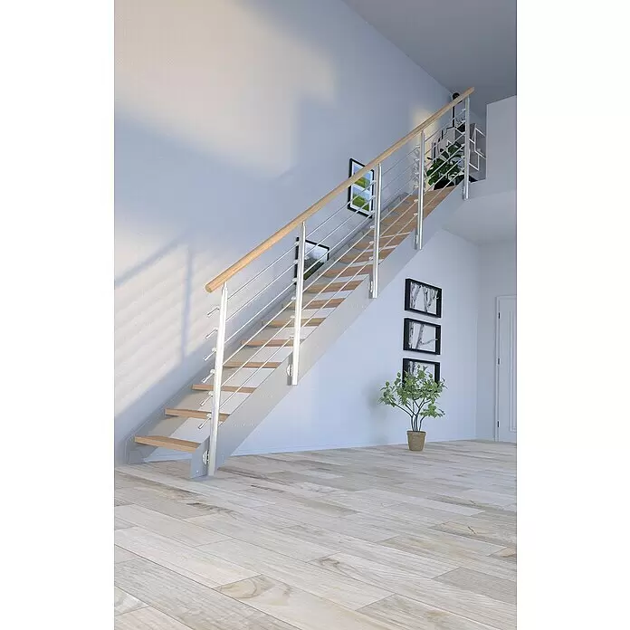 Starwood Wangentreppe Kos - Farbton Metall: RAL 9006, Breite: 108 cm, Eiche, Geschosshöhe: 260 cm - 320 cm, Gerade, Designgeländer unbehandelt, Stufen unbehandelt - Stimmungsaufnahme