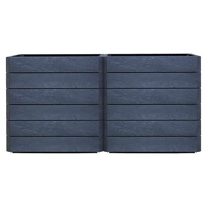 Garantia Hochbeet Ergo Vario 2 Stone - Set - 120 x 80 x 75 cm, Kunststoff, Anthrazit - Ansicht von zwei rechteckigen, grauen Hochbeeten aus Kunststoffbrettern, die nebeneinander stehen. Ideal für Gartenliebhaber.