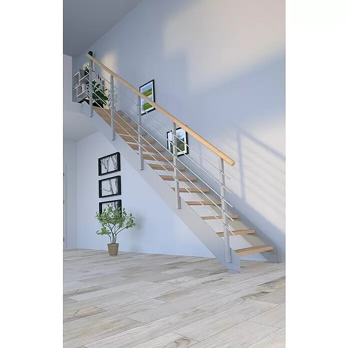 Starwood Wangentreppe KosFarbton Metall: RAL 9006, Breite: 87 cm, Eiche, Geschosshöhe: 240 cm - 300 cm, Gerade, Metallgeländer pulverbeschichtet, Stufen unbehandelt