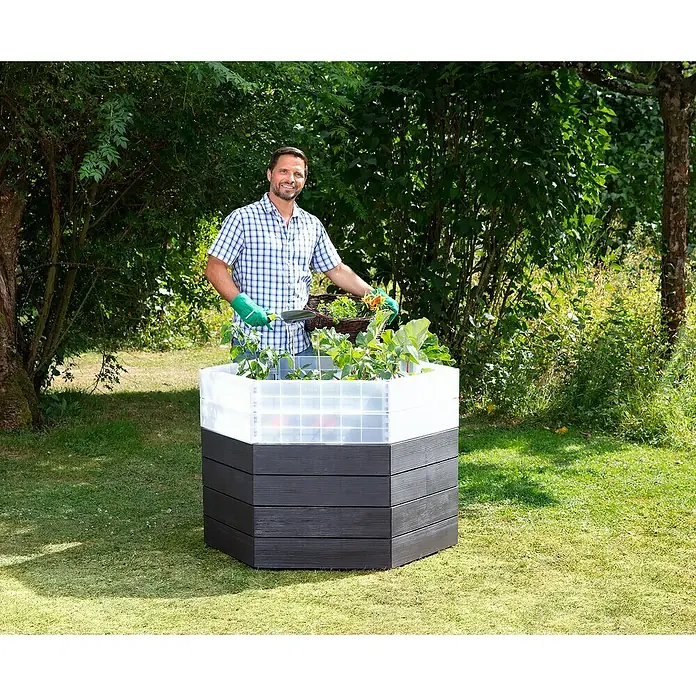 Garantia Hochbeet Ergo Turbo L Wood - Ø x H: 110 x 75 cm, Kunststoff, Anthrazit/Braun - Mann erntet Gemüse aus einem modernen, sechseckigen Hochbeet mit transparentem Aufsatz und dunklem Holzdekor.