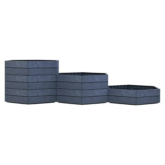 Garantia Hochbeet Ergo Vario 1 Stone - 190 x 190 x 50 cm, Kunststoff, Anthrazit - Gestapelte sechseckige Pflanzgefäße aus grauem Steinimitat, ideal für den Garten oder die Terrasse, bieten viel Platz für Pflanzen.