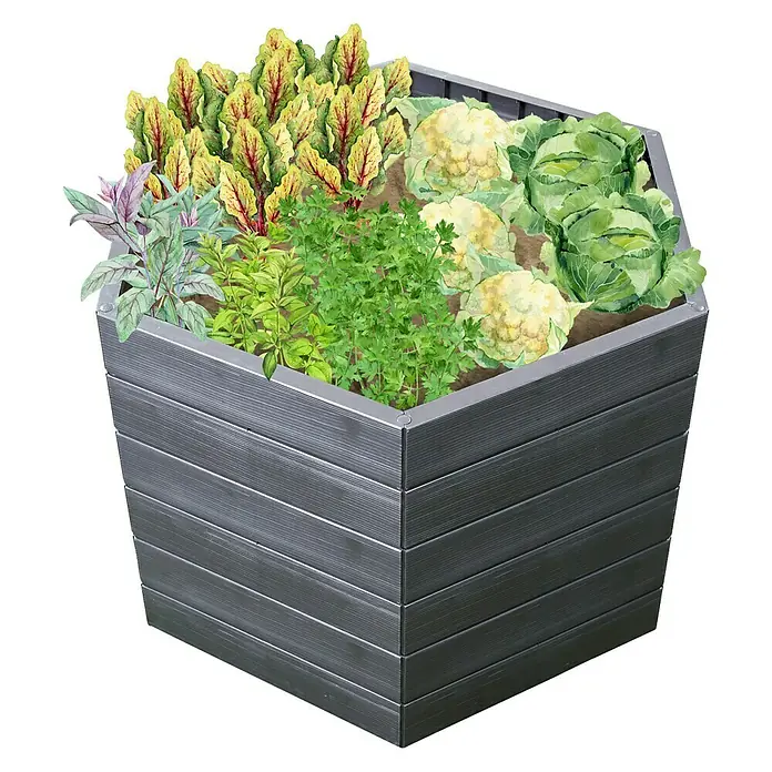 Garantia Hochbeet Ergo L Wood - Ø x H: 110 x 75 cm, Kunststoff, Anthrazit/Braun - Hochbeet aus grauem Metall mit verschiedenen Gemüsesorten wie Salat, Kohl und Kräutern. Ideal für den Garten oder Balkon.
