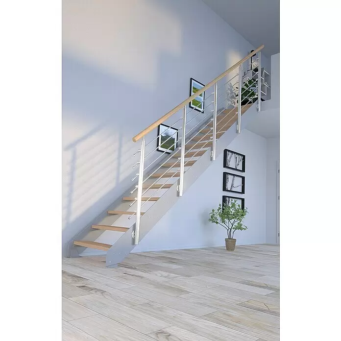 Starwood Wangentreppe KosFarbton Metall: RAL 9006, Breite: 89 cm, Eiche, Geschosshöhe: 240 cm - 300 cm, Gerade, Designgeländer unbehandelt, Stufen unbehandelt
