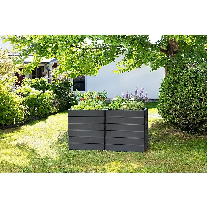 Garantia Hochbeet Ergo Vario 2 Stone - Set - 120 x 80 x 75 cm, Kunststoff, Anthrazit - Dieser Holzkohle-Hochbeet-Pflanzkasten verfügt über ein attraktives, gestapeltes Design und ist die perfekte Möglichkeit, Kräuter oder Blumen anzubauen.