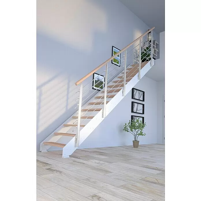 Starwood Wangentreppe Kos - Farbton Metall: RAL 9003, Breite: 89 cm, Buche, Geschosshöhe: 240 cm - 300 cm, Gerade, Designgeländer unbehandelt, Stufen unbehandelt - Stimmungsaufnahme
