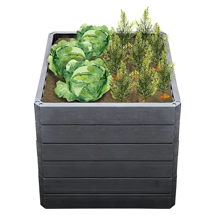 Garantia Hochbeet Ergo Quadro L Wood - Set - 80 x 80 x 75 cm, Kunststoff, Anthrazit/Braun - Ein Hochbeet aus grauem Holz mit frischem Kohl und Karotten, ideal für den Gemüseanbau im eigenen Garten oder auf dem Balkon.