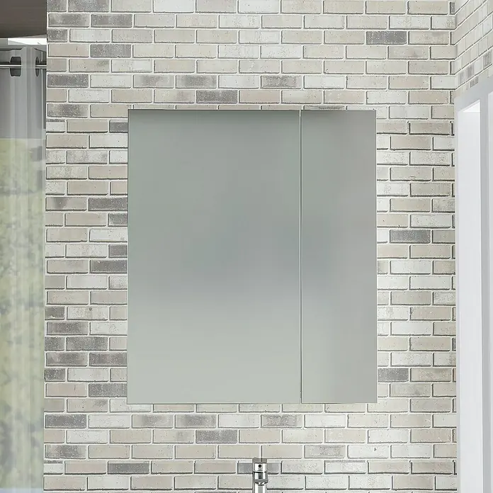 Artysan Armario con espejo - An x Al: 70 x 80 cm, Plástico, Blanco - Imagen de un moderno armario de baño con puertas de espejo, montado en una pared con estampado de piedra decorativa.