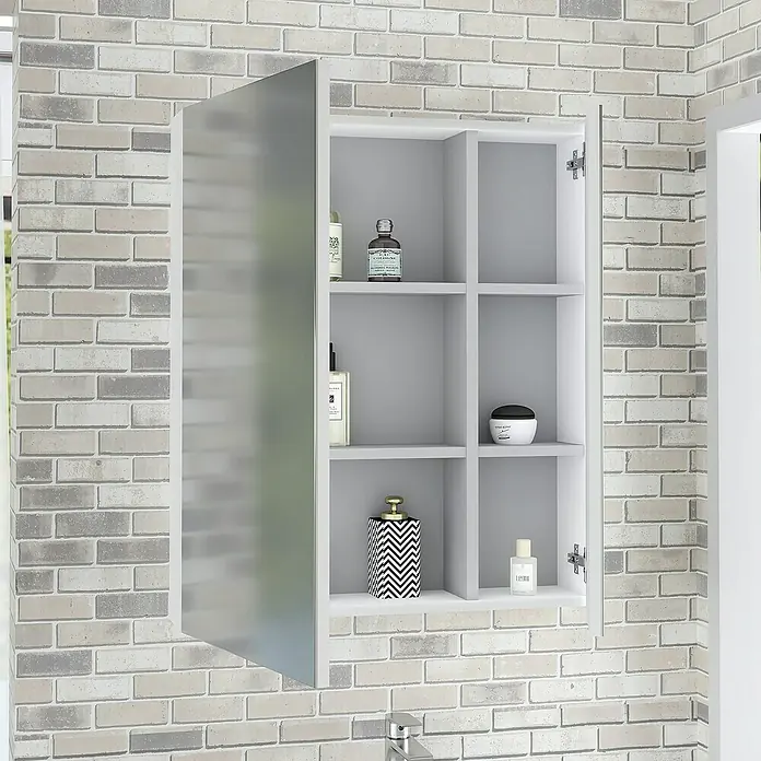 Artysan Armario con espejo - An x Al: 70 x 80 cm, Plástico, Blanco - Se muestra un armario de baño abierto con seis compartimentos que albergan diversos artículos de tocador, montado en una pared de ladrillo gris.