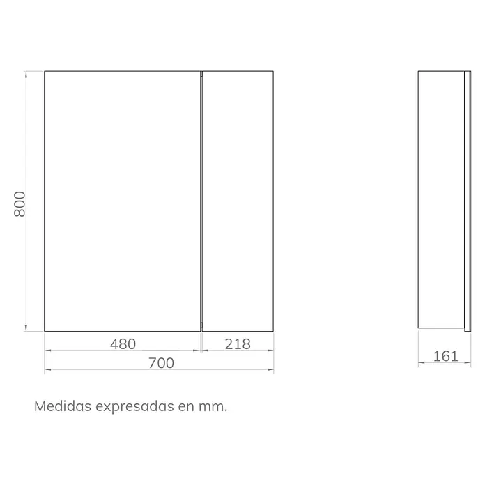 Artysan Armario con espejo - An x Al: 70 x 80 cm, Plástico, Blanco - Diagrama de un mueble de baño con dimensiones. La imagen muestra las dimensiones de la altura, el ancho y la profundidad en milímetros.
