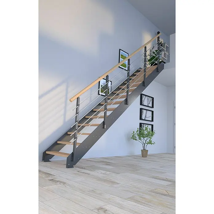Starwood Wangentreppe Kos - Farbton Metall: DB 703, Breite: 87 cm, Eiche, Geschosshöhe: 240 cm - 300 cm, Gerade, Metallgeländer pulverbeschichtet, Stufen unbehandelt - Elegante Treppe mit Holzstufen und Stahlgeländer. Das moderne Design fügt sich nahtlos in das helle Interieur ein und bietet eine stilvolle Aufstiegsmöglichkeit.