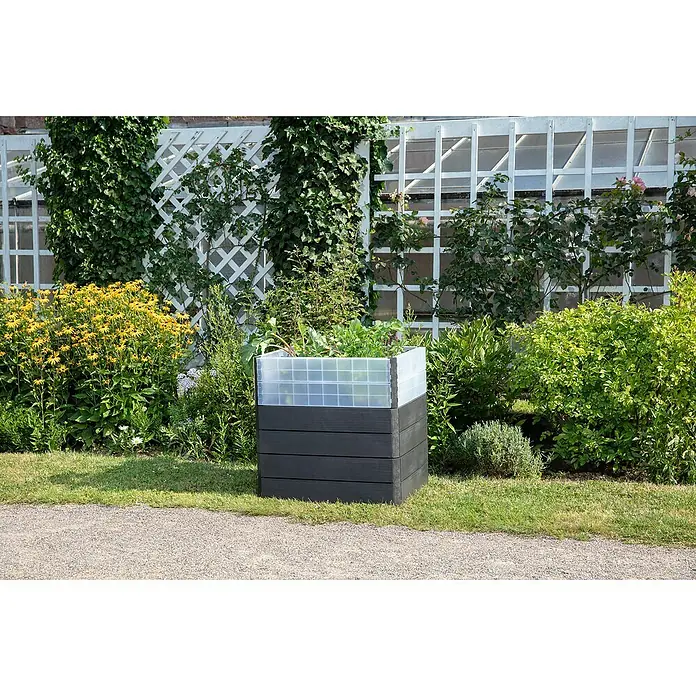 Garantia Hochbeet Ergo Quadro Turbo M Wood - Set - 60 x 80 x 75 cm, Kunststoff, Anthrazit/Braun - Dieser quadratische, schwarze Pflanzkasten aus Holzverbund bietet eine stilvolle und praktische Lösung für Ihren Garten. Die durchsichtige Abdeckung schützt die Pflanzen.