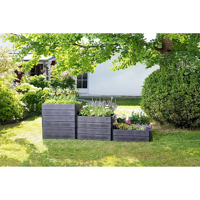 Garantia Hochbeet Ergo Vario 2 Wood - Set - 120 x 80 x 75 cm, Kunststoff, Anthrazit/Braun - Drei dunkle Pflanzkästen unterschiedlicher Größe, gefüllt mit Blumen und Pflanzen, zieren einen grünen Garten mit Bäumen und einem Haus im Hintergrund.