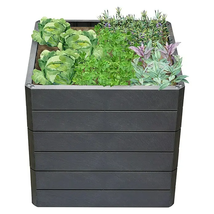 Garantia Hochbeet Ergo Quadro L Stone - Set80 x 80 x 75 cm, Kunststoff, Anthrazit - Ein quadratischer Hochbeet-Pflanzkasten mit verschiedenen Kräutern und Gemüsesorten, perfekt für den Garten.