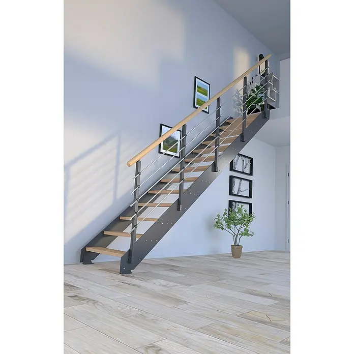 Starwood Wangentreppe KosFarbton Metall: DB 703, Breite: 87 cm, Eiche, Geschosshöhe: 220 cm - 280 cm, Gerade, Metallgeländer pulverbeschichtet, Stufen unbehandelt - Eine moderne Treppe mit Holzstufen, Stahlgeländer und einem hellen Holzhandlauf, die das stilvolle Interieur des Hauses ergänzt.