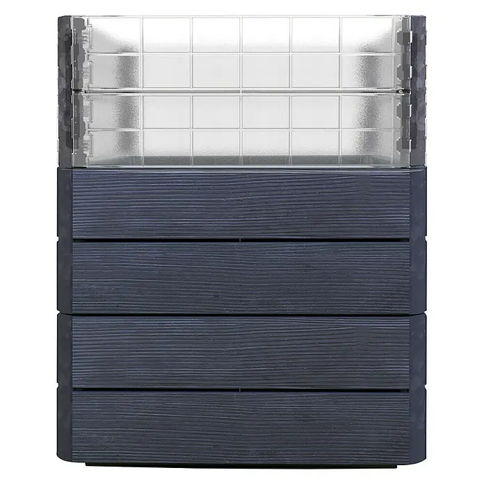 Garantia Hochbeet Ergo Quadro Turbo M Wood - Set - 60 x 80 x 75 cm, Kunststoff, Anthrazit/Braun - Ein geräumiger, grauer Pflanzkasten mit Holzoptik, ideal für den Garten oder Balkon, mit transparenten Pflanzeinsätzen für optimale Wachstumsmöglichkeiten.