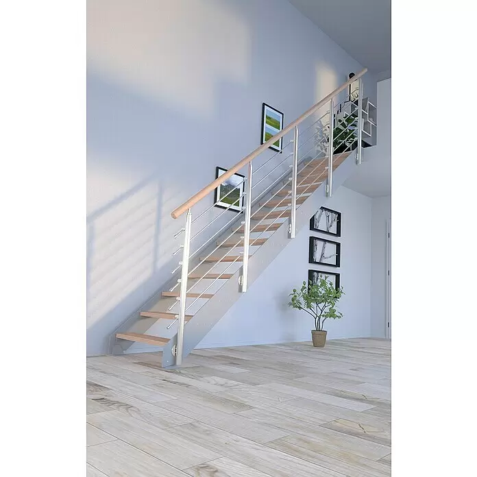 Starwood Wangentreppe Kos - Farbton Metall: RAL 9006, Breite: 89 cm, Buche, Geschosshöhe: 220 cm - 280 cm, Gerade, Designgeländer unbehandelt, Stufen unbehandelt - Stimmungsaufnahme