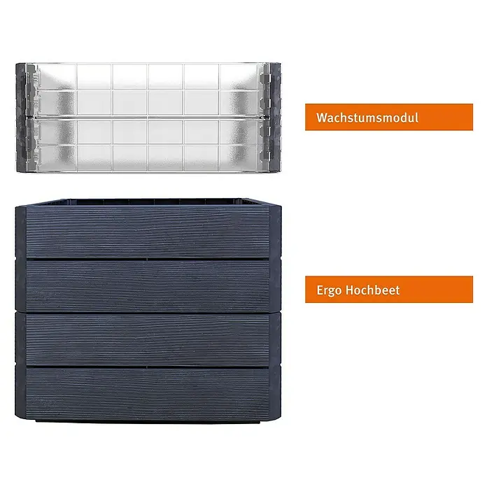 Garantia Hochbeet Ergo Quadro Turbo M Wood - Set - 60 x 80 x 75 cm, Kunststoff, Anthrazit/Braun - Das Bild zeigt ein Ergo Hochbeet aus dunklem Holz und ein durchsichtiges Wachstumsmodul.