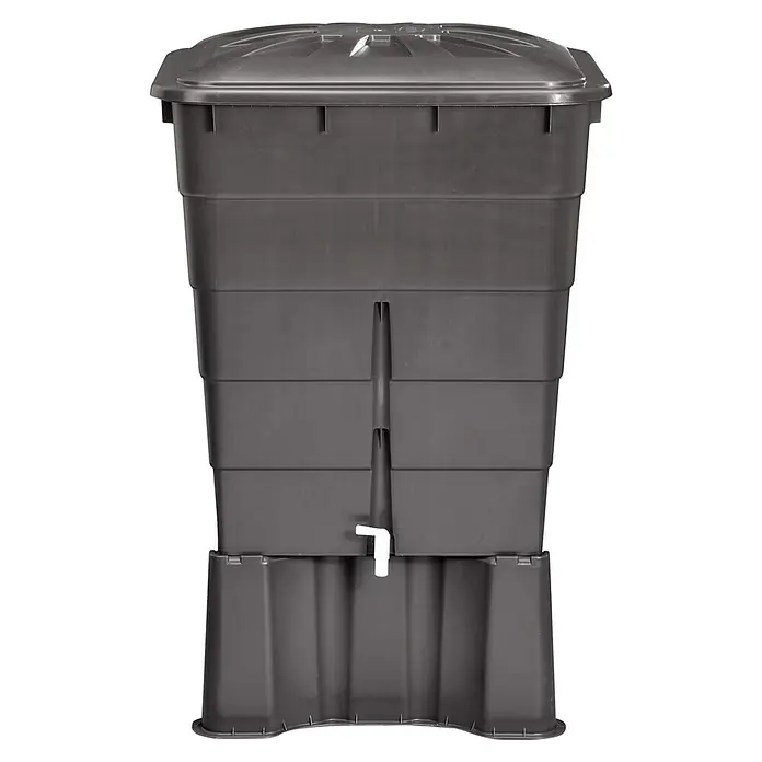 Garantia Basic Line Regentonnensockel - Graphite grey - Abgebildet ist ein schwarzer Wurmkomposter mit mehreren Ebenen, der auf einem stabilen Sockel steht und über einen praktischen Wasserhahn verfügt.