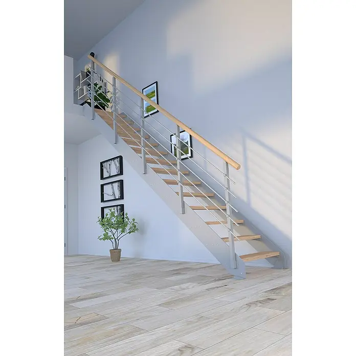 Starwood Wangentreppe Kos - Farbton Metall: RAL 9006, Breite: 106 cm, Eiche Rustik, Geschosshöhe: 240 cm - 300 cm, Gerade, Metallgeländer pulverbeschichtet, Stufen unbehandelt - Treppe mit Holzstufen und Metallgeländer, kombiniert modernes Design mit Funktionalität und passt perfekt in ein stilvolles Interieur.