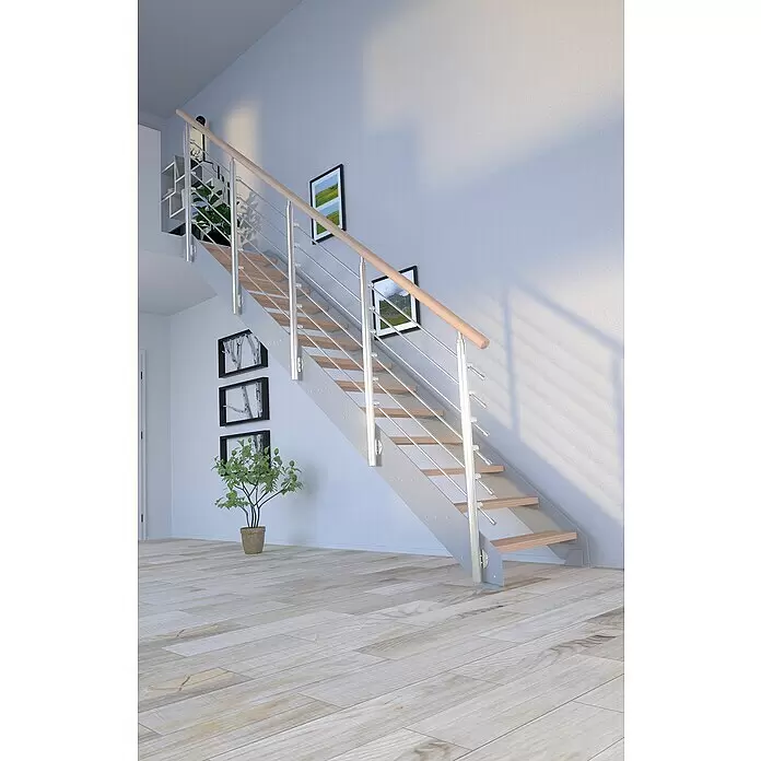 Starwood Wangentreppe KosFarbton Metall: RAL 9006, Breite: 89 cm, Buche, Geschosshöhe: 220 cm - 280 cm, Gerade, Designgeländer unbehandelt, Stufen farblos geölt