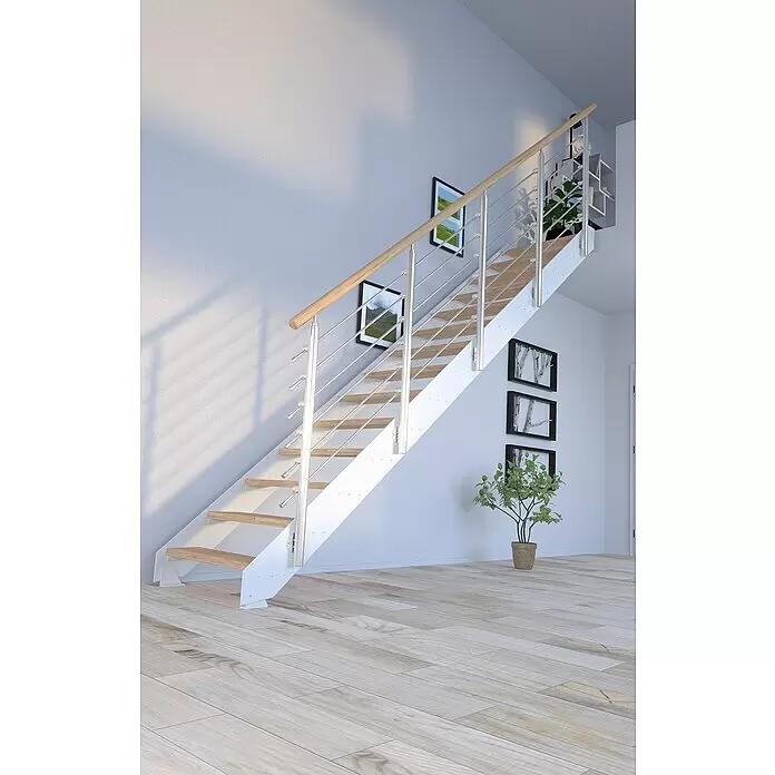 Starwood Wangentreppe Kos - Farbton Metall: RAL 9003, Breite: 108 cm, Eiche Rustik, Geschosshöhe: 240 cm - 300 cm, Gerade, Designgeländer unbehandelt, Stufen unbehandelt - Stimmungsaufnahme