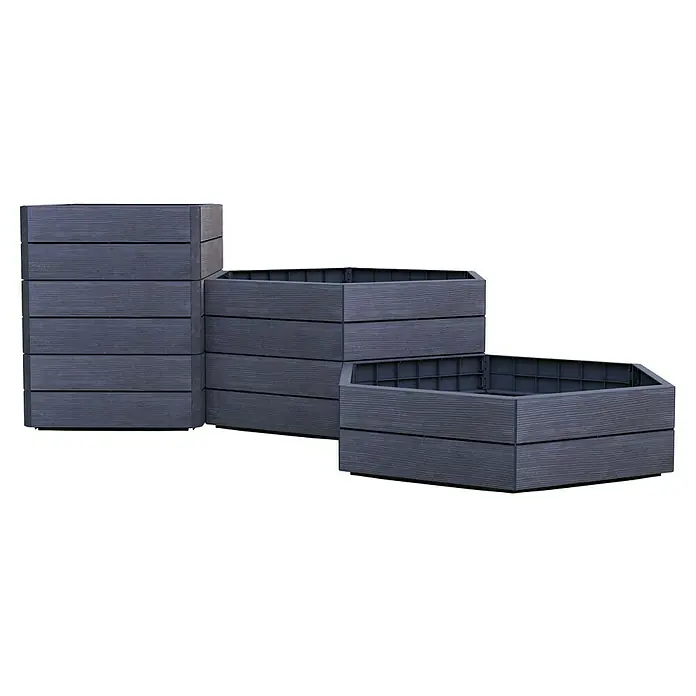 Garantia Hochbeet Ergo Vario 3 Wood Set - 175 x 110 x 75 cm, Kunststoff, Anthrazit/Braun - Das Bild zeigt modulare, sechseckige Hochbeete aus grauem Kunststoff mit Holzmaserung, die sich für den Garten eignen.