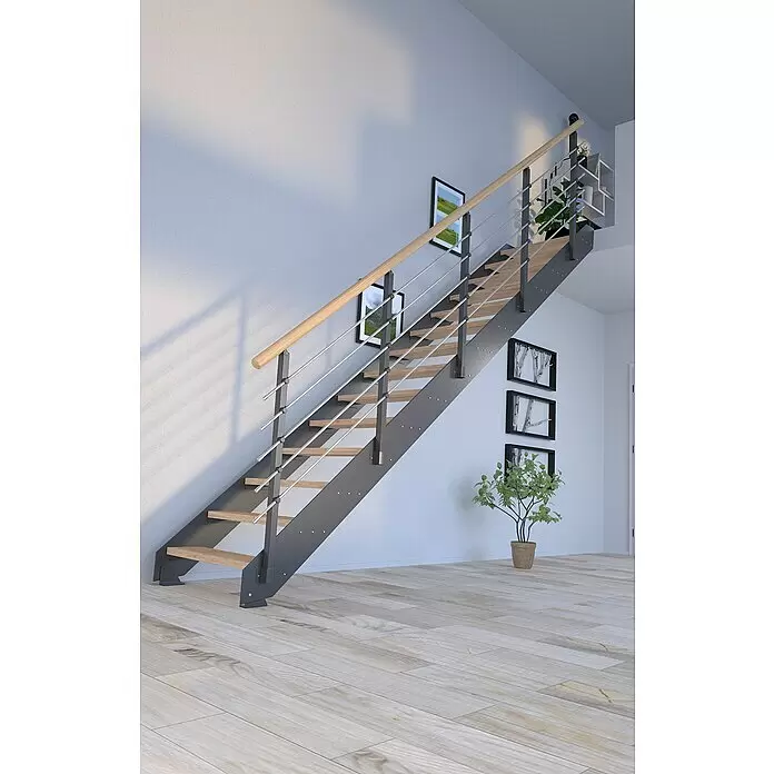 Starwood Wangentreppe Kos - Farbton Metall: DB 703, Breite: 106 cm, Eiche Rustik, Geschosshöhe: 240 cm - 300 cm, Gerade, Metallgeländer pulverbeschichtet, Stufen unbehandelt - Stimmungsaufnahme