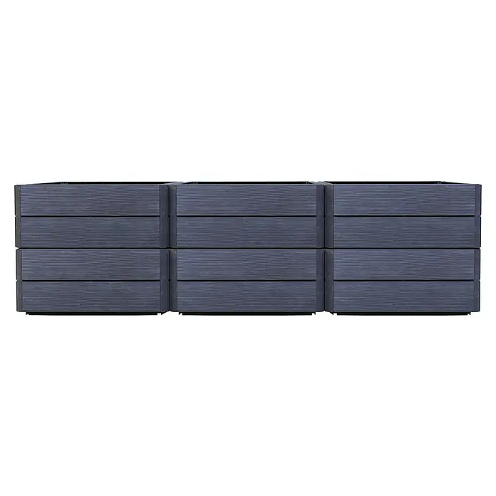 Garantia Hochbeet Ergo Vario 2 Wood - Set - 120 x 80 x 75 cm, Kunststoff, Anthrazit/Braun - Das Bild zeigt einen stilvollen dreiteiligen erhöhten Pflanzkasten aus grauem Kunststoff mit Holzmaserung für den Außenbereich.