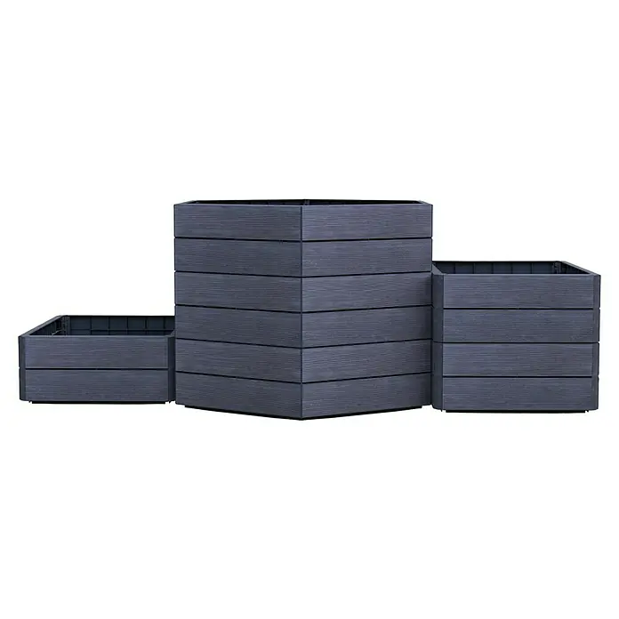 Garantia Hochbeet Ergo Vario 3 Wood Set - 175 x 110 x 75 cm, Kunststoff, Anthrazit/Braun - Ansicht von 3 grauen, modularen Pflanzgefäßen, die in einer Reihe angeordnet sind und eine moderne und vielseitige Gartenlösung bieten.