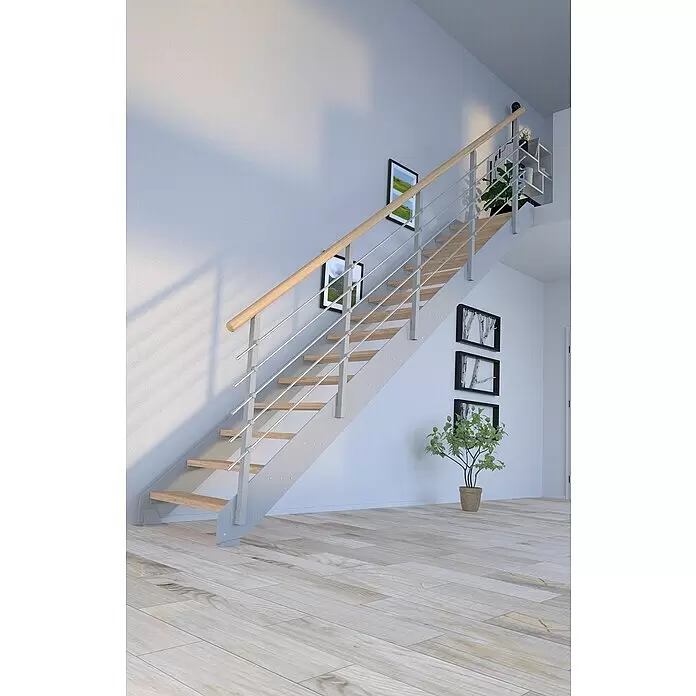 Starwood Wangentreppe Kos - Farbton Metall: RAL 9006, Breite: 106 cm, Eiche Rustik, Geschosshöhe: 240 cm - 300 cm, Gerade, Metallgeländer pulverbeschichtet, Stufen unbehandelt - Stimmungsaufnahme