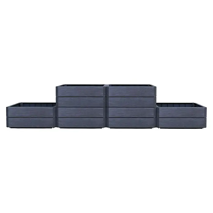 Garantia Hochbeet Ergo Vario 2 Wood - Set - 120 x 80 x 75 cm, Kunststoff, Anthrazit/Braun - Ein Ensemble aus vier erhöhten Pflanzkästen in Holzoptik, gestaffelt angeordnet, um Pflanzen stilvoll zu präsentieren und einen Garten zu verschönern.