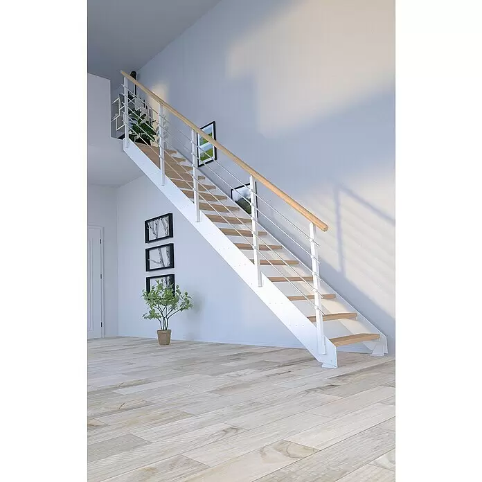 Starwood Wangentreppe Kos - Farbton Metall: RAL 9003, Breite: 106 cm, Eiche, Geschosshöhe: 260 cm - 320 cm, Gerade, Metallgeländer pulverbeschichtet, Stufen unbehandelt - Moderne Treppe aus weißem Metall und hellem Holz mit Metallgeländer in einem hellen Raum.