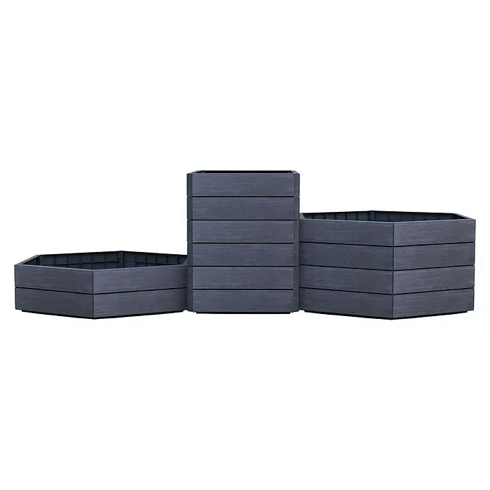 Garantia Hochbeet Ergo Vario 3 Wood Set - 175 x 110 x 75 cm, Kunststoff, Anthrazit/Braun - Das Bild zeigt drei dunkelgraue, sechseckige Pflanzgefäße in verschiedenen Größen, die aus Holzimitat gefertigt sind und sich ideal für den Garten eignen.
