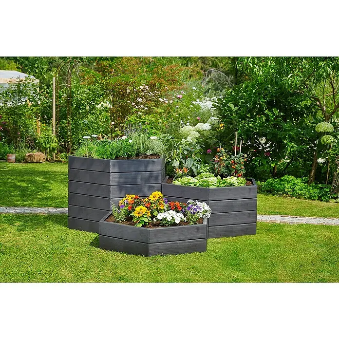 Garantia Hochbeet Ergo Vario 1 Wood - 190 x 190 x 75 cm, Kunststoff, Anthrazit/Braun - Die dreiteilige, stilvolle Kräutertreppe aus WPC-Holz mit blühenden Pflanzen und Kräutern ist ein dekoratives Highlight für jeden Garten.