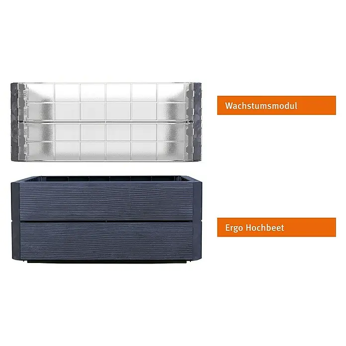 Garantia Hochbeet Ergo Quadro Turbo S Wood - Set - 60 x 60 x 50 cm, Kunststoff, Anthrazit/Braun - Das Bild zeigt ein Wachstumsmodul und ein Ergo Hochbeet. Beide sind innovative Lösungen für den Gartenbau und die Pflanzenzucht.