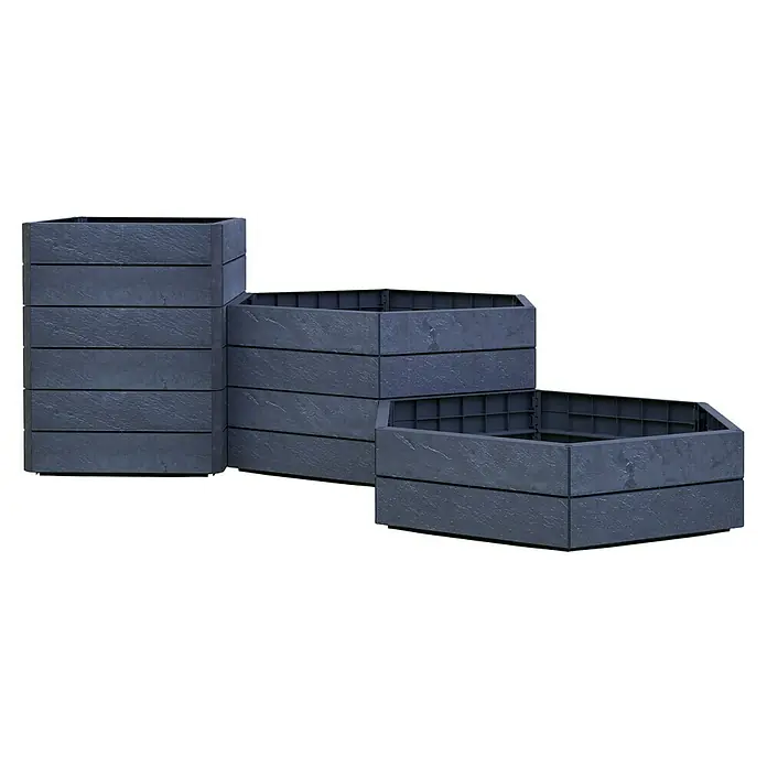 Garantia Hochbeet Ergo Vario 3 Stone Set - 175 x 110 x 75 cm, Kunststoff, Anthrazit - Drei modulare Hochbeete aus dunklem Kunststoff in verschiedenen Höhen und Formen, ideal für den Garten.
