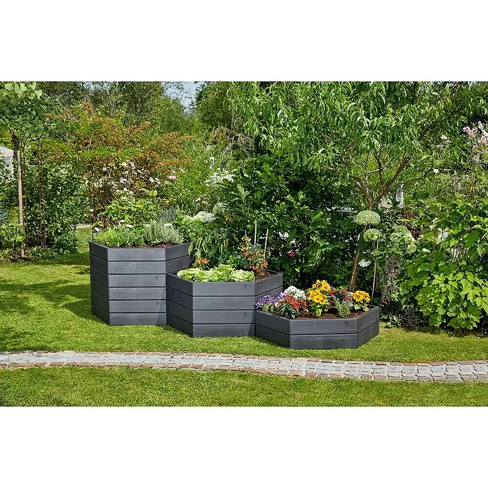 Garantia Hochbeet Ergo Vario 1 Wood - 190 x 190 x 75 cm, Kunststoff, Anthrazit/Braun - Dieses Bild zeigt einen attraktiven, gestuften Hochbeetgarten aus Holz, der sich perfekt für den Anbau von Gemüse und Blumen eignet.