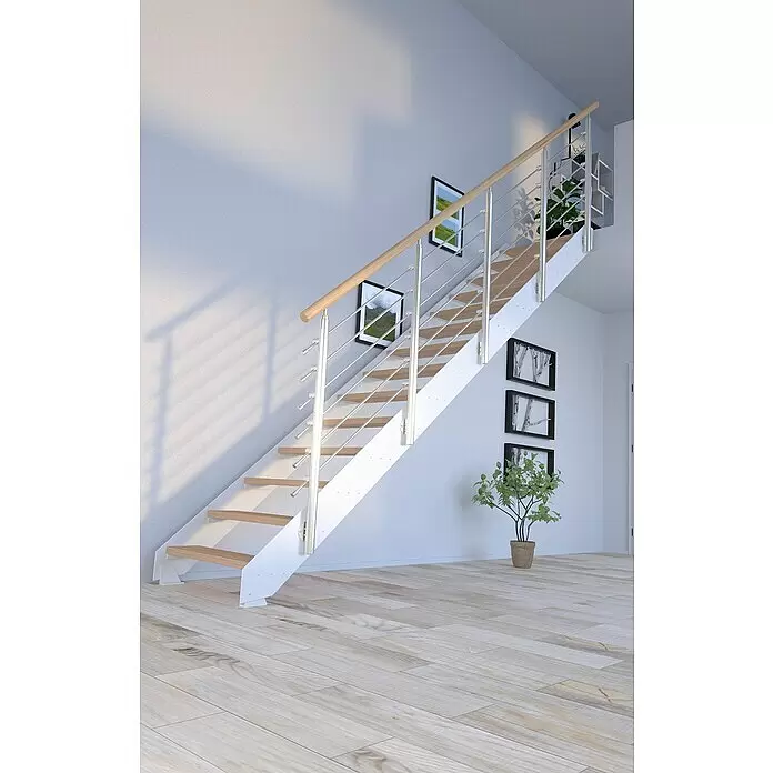 Starwood Wangentreppe KosFarbton Metall: RAL 9003, Breite: 89 cm, Eiche, Geschosshöhe: 240 cm - 300 cm, Gerade, Designgeländer unbehandelt, Stufen farblos geölt