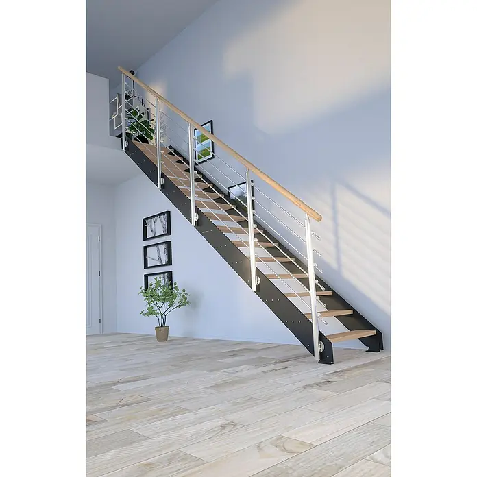 Starwood Wangentreppe KosFarbton Metall: RAL 9005, Breite: 108 cm, Eiche, Geschosshöhe: 260 cm - 320 cm, Gerade, Designgeländer unbehandelt, Stufen unbehandelt - Elegante Treppe mit Holzstufen und Edelstahlgeländer. Das moderne Design passt perfekt in helle Innenräume.