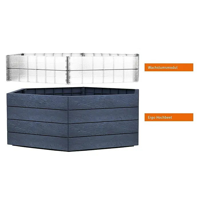 Garantia Hochbeet Ergo Turbo XL Stone Set - Ø x H: 145 x 75 cm, Kunststoff, Anthrazit - Das Bild zeigt ein Ergo Hochbeet und ein Wachstumsmodul. Das Hochbeet ist dunkelgrau und besteht aus mehreren Schichten, während das Modul silbern ist.