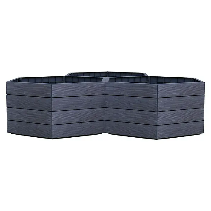 Garantia Hochbeet Ergo Vario 1 Wood - 190 x 190 x 75 cm, Kunststoff, Anthrazit/Braun - Das Bild zeigt einen sechseckigen, mehrschichtigen Hochbeet-Baukasten in Anthrazit mit Holzstruktur. Ideal für Gartenliebhaber.