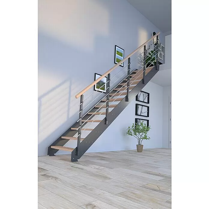 Starwood Wangentreppe Kos - Farbton Metall: DB 703, Breite: 87 cm, Buche, Geschosshöhe: 220 cm - 280 cm, Gerade, Metallgeländer pulverbeschichtet, Stufen unbehandelt - Stimmungsaufnahme