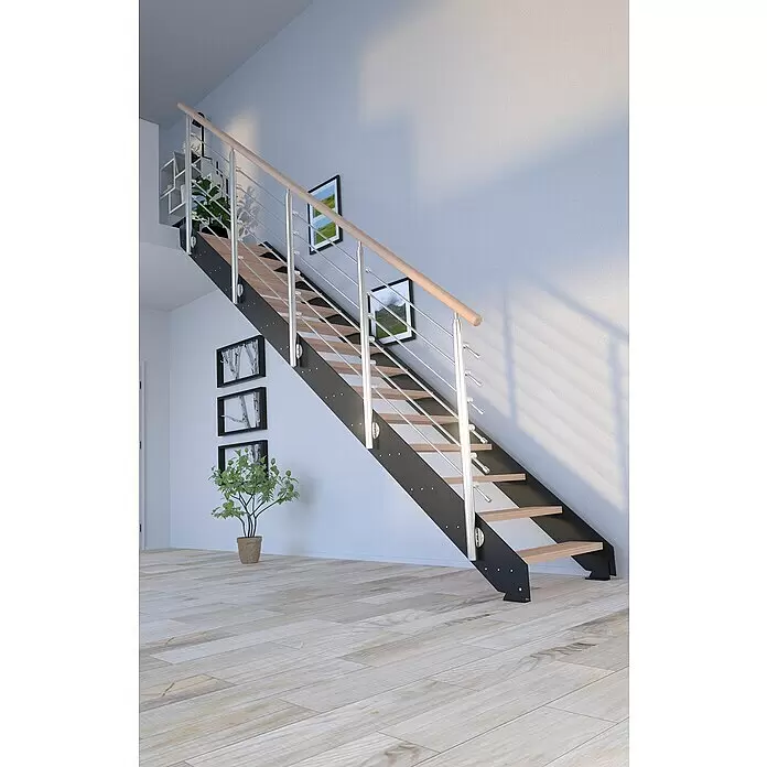 Starwood Wangentreppe Kos - Farbton Metall: RAL 9005, Breite: 89 cm, Buche, Geschosshöhe: 240 cm - 300 cm, Gerade, Designgeländer unbehandelt, Stufen unbehandelt - Moderne gerade Treppe mit schwarzen Metallwangen, hellen Holzstufen, Edelstahl-Geländerstäben und Holzhandlauf im Innenbereich.