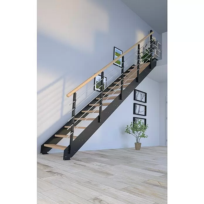 Starwood Wangentreppe Kos - Farbton Metall: RAL 9005, Breite: 106 cm, Eiche, Geschosshöhe: 240 cm - 300 cm, Gerade, Metallgeländer pulverbeschichtet, Stufen farblos geölt - Stimmungsaufnahme
