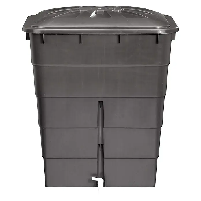 Garantia Basic Line Regentonne - 300 l, Graphite grey - Eine graue Wurmkiste für die Kompostierung in Innenräumen mit einem weißen Wasserhahn zur Entnahme von Wurmtee. Ideal für die Abfallverwertung.