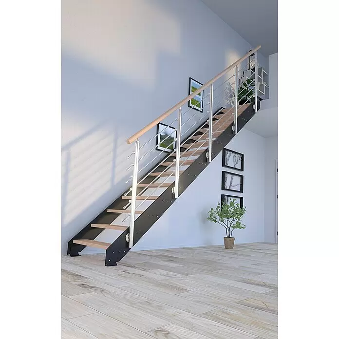 Starwood Wangentreppe Kos - Farbton Metall: RAL 9005, Breite: 89 cm, Buche, Geschosshöhe: 240 cm - 300 cm, Gerade, Designgeländer unbehandelt, Stufen unbehandelt - Moderne Treppe mit hellen Holzstufen, schwarzen Wangen und Metallgeländer mit Holzhandlauf, führt in einem hellen Raum nach oben.
